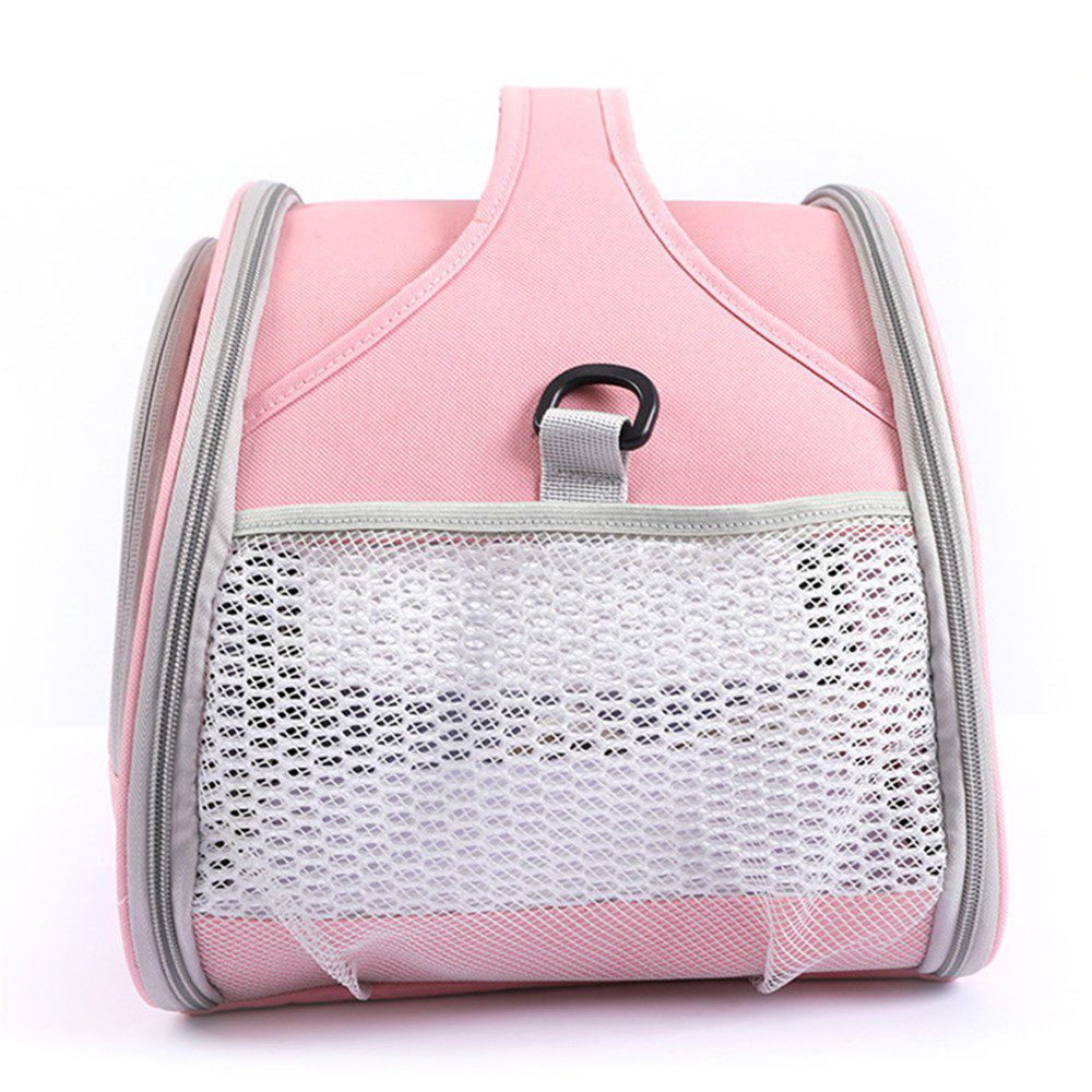 Face latérale du sac rose avec grande poche mesh et anneau de fixation, bordure grise zippée