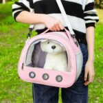 Femme tenant par la bandoulière un sac rose à fenêtre transparente, chien blanc visible à l'intérieur, sur l'herbe