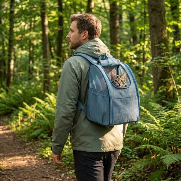 Sac à dos chat hublot respirant dans une foret