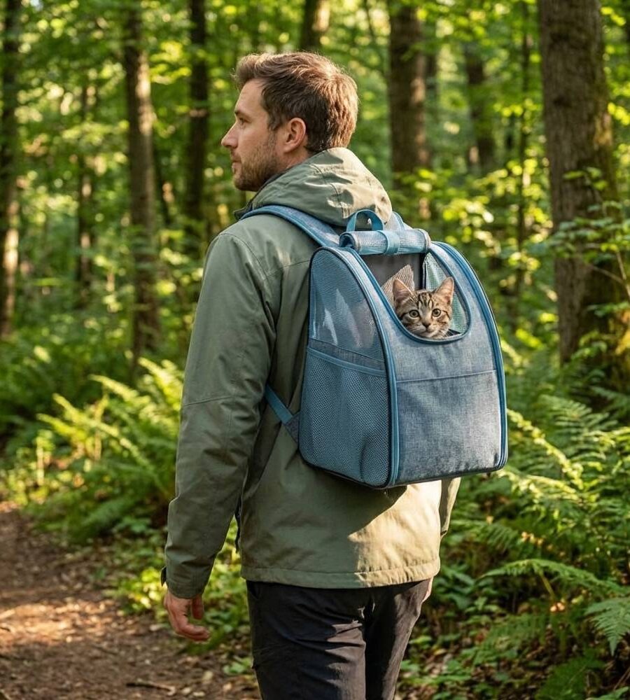 Sac à dos chat hublot respirant dans une foret