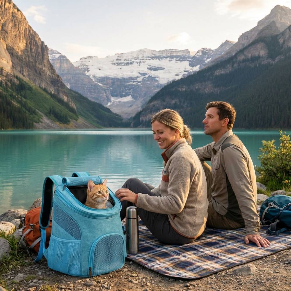 Sac à Dos Transport Chat Transparent - Taille L avec couple en montagne avec lac