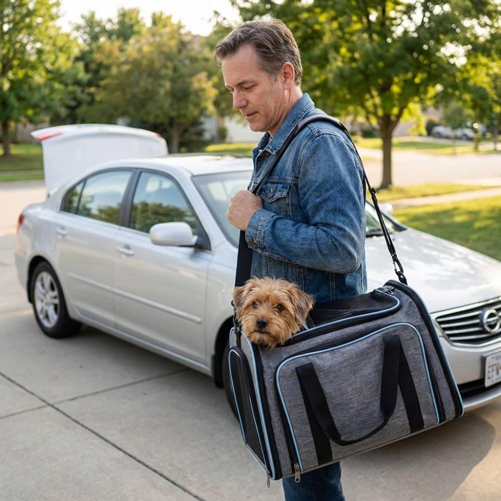 Sac Transport Chien en Bandoulière devant une voiture de luxe