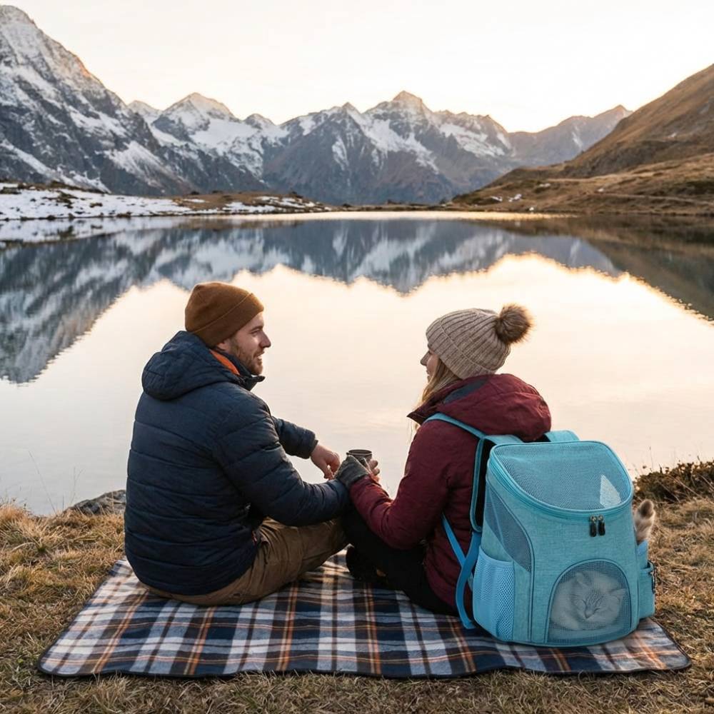Sac à Dos Transport Chat Chien Transparent - Taille L avec couple en montagne bord du lac