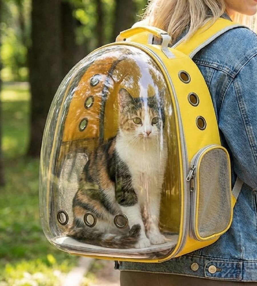 gros plan Sac à Dos Transport Chat Oxford Jaune avec jeune fille blonde dans un parc public
