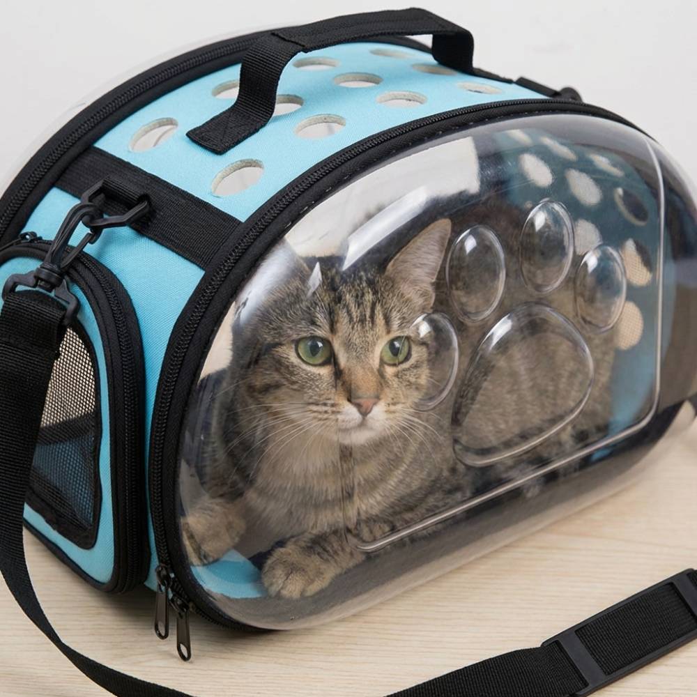 Sac Transport Chat Transparent bleu - Bandoulière Respirant L 42cm