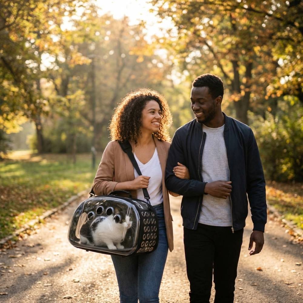 couple se promenant sous bois Sac Transport Chat Transparent Respirant Bandoulière