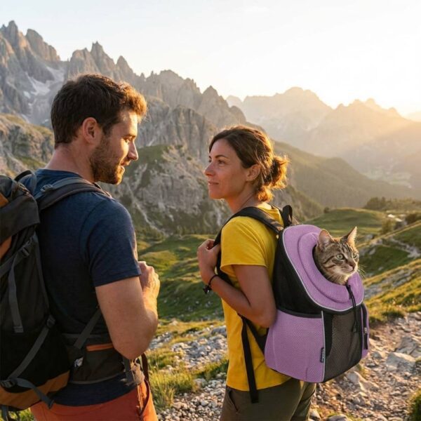 jeune couple avec Sac à dos transport chien chat hublot ventilé violet