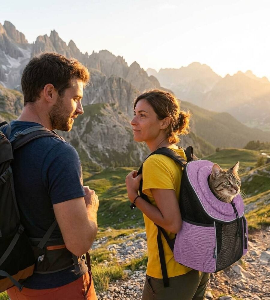 jeune couple avec Sac à dos transport chien chat hublot ventilé violet