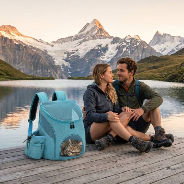 Sac à Dos Transport Chat Chien Transparent au bord du lac avec couple