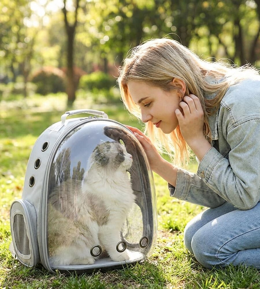 Sac à Dos Transport Chat Oxford Transparent avec femme blonde
