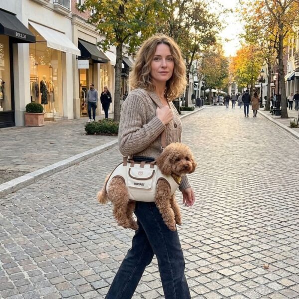 Sac Transport Chien blanc et bord orange femme traversant la rue