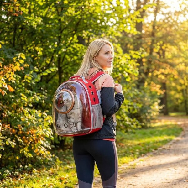 Sac à Dos Transport Chat Transparent– Oxford en rouge dans un parc au dos femme blonde promenade- chat au dos