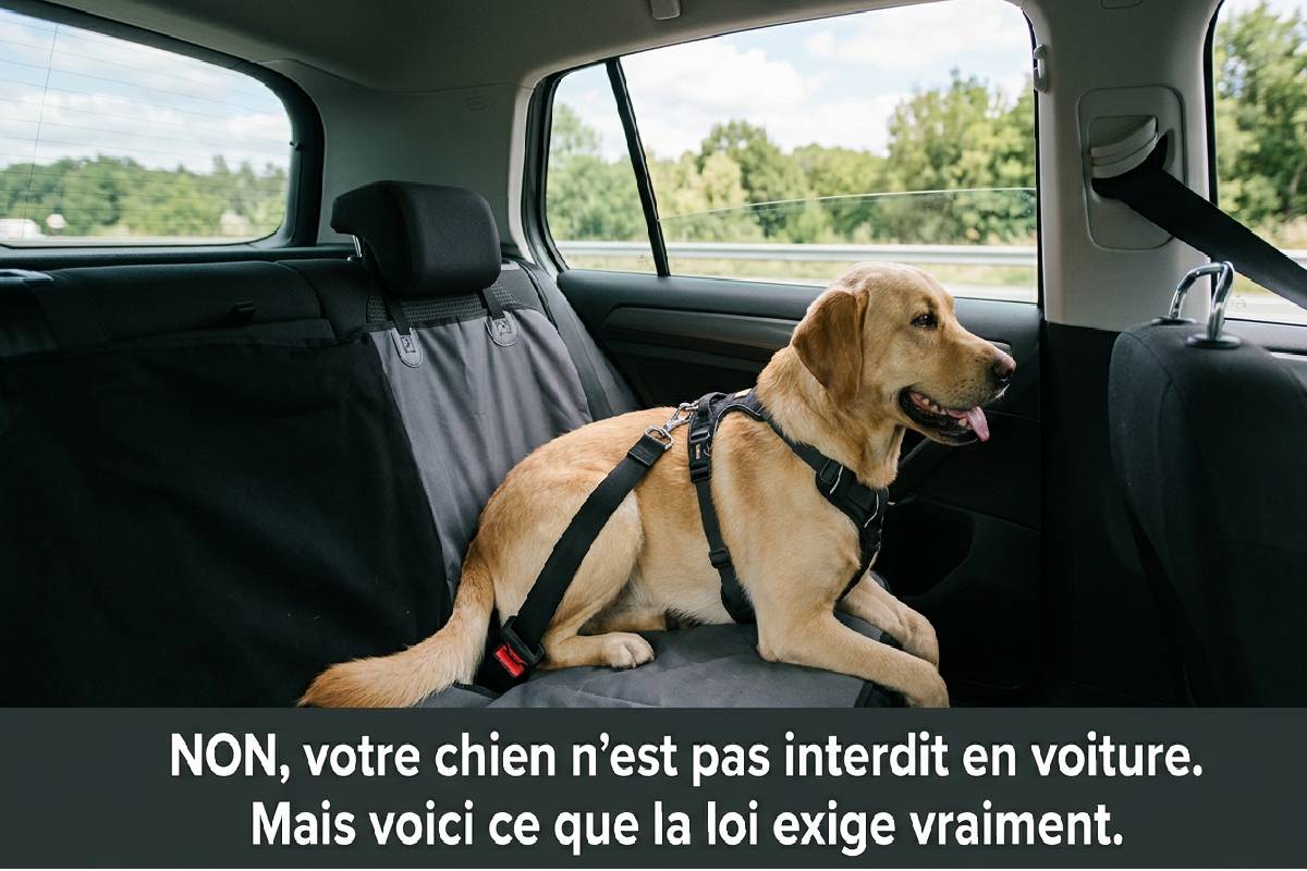 Chien bien installé à l'arrière d'une voiture en France