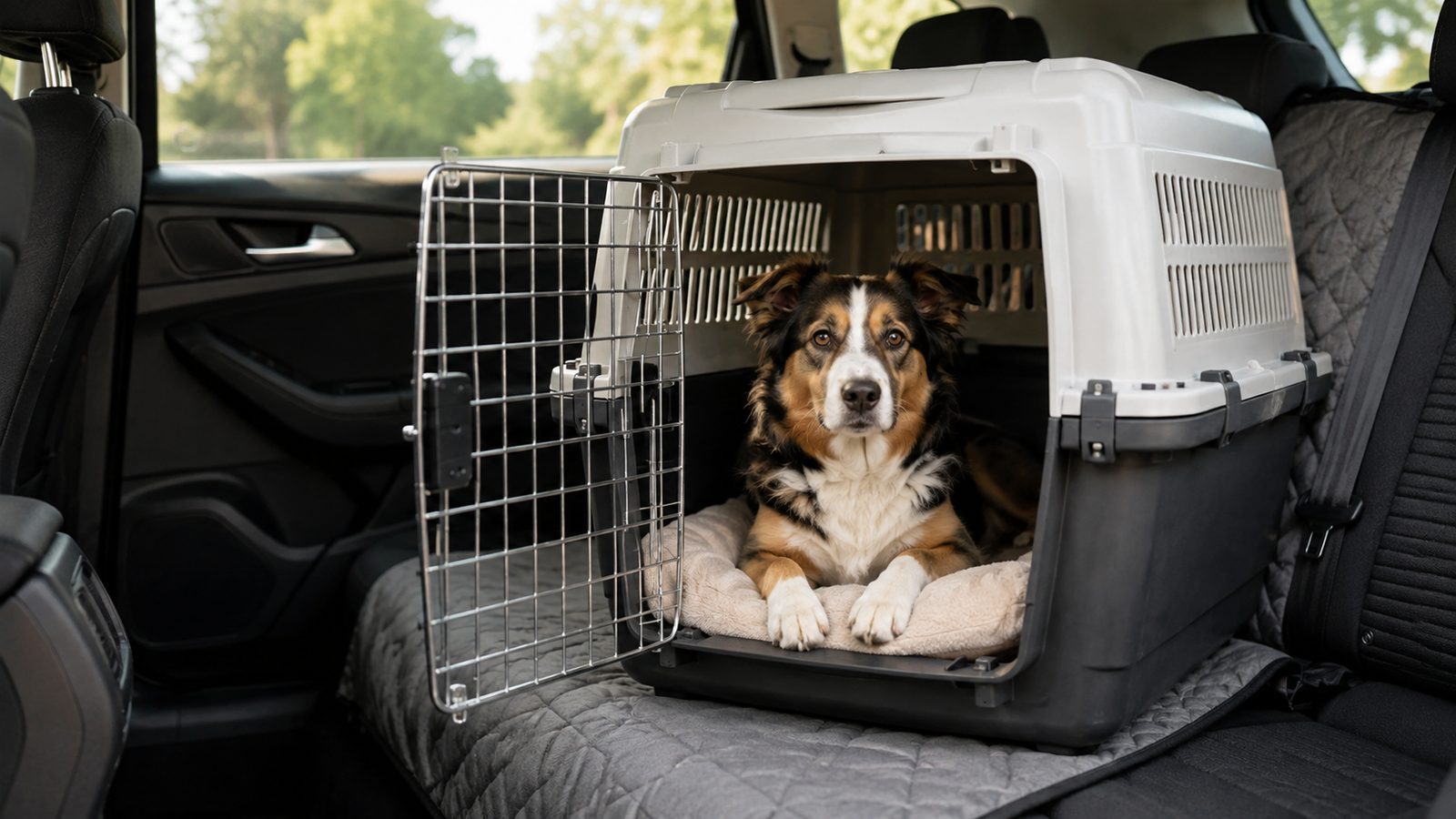 Chien dans une cage de transport installée dans une voiture