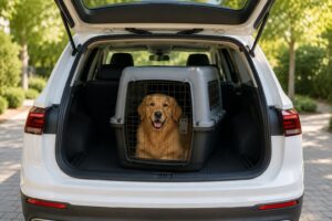 Cage de transport pour chien installée dans le coffre d'une voiture