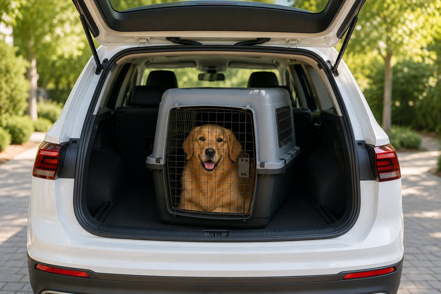 Cage de transport pour chien installée dans le coffre d'une voiture