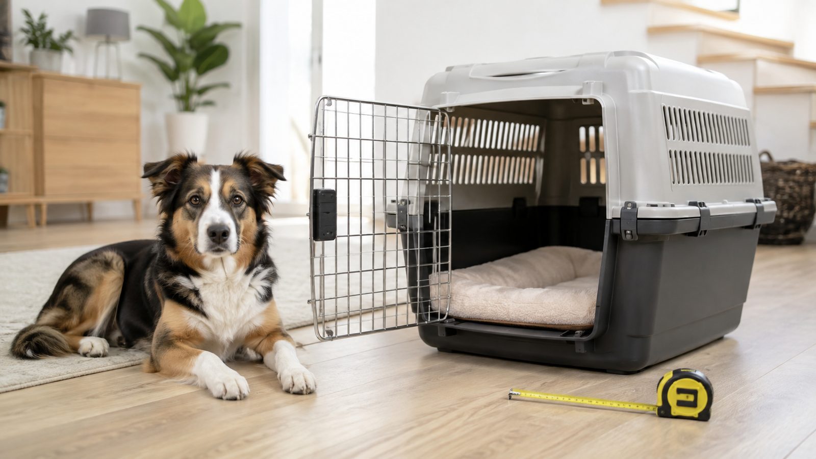Chien à côté d'une cage de transport ouverte avec mètre ruban
