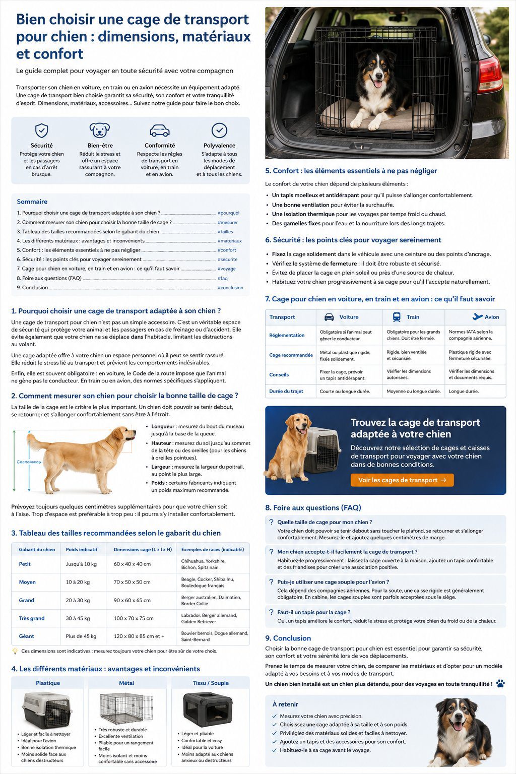 Infographie des critères pour choisir une cage de transport pour chien : dimensions, matériaux et confort