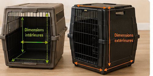 Comparaison visuelle entre dimensions intérieures et extérieures d'une cage pour chien