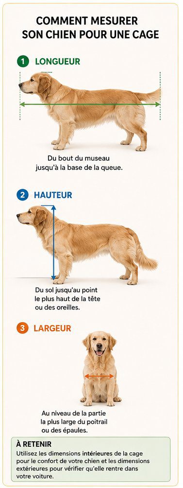 Infographie des trois mesures à prendre sur un chien : longueur, hauteur et largeur