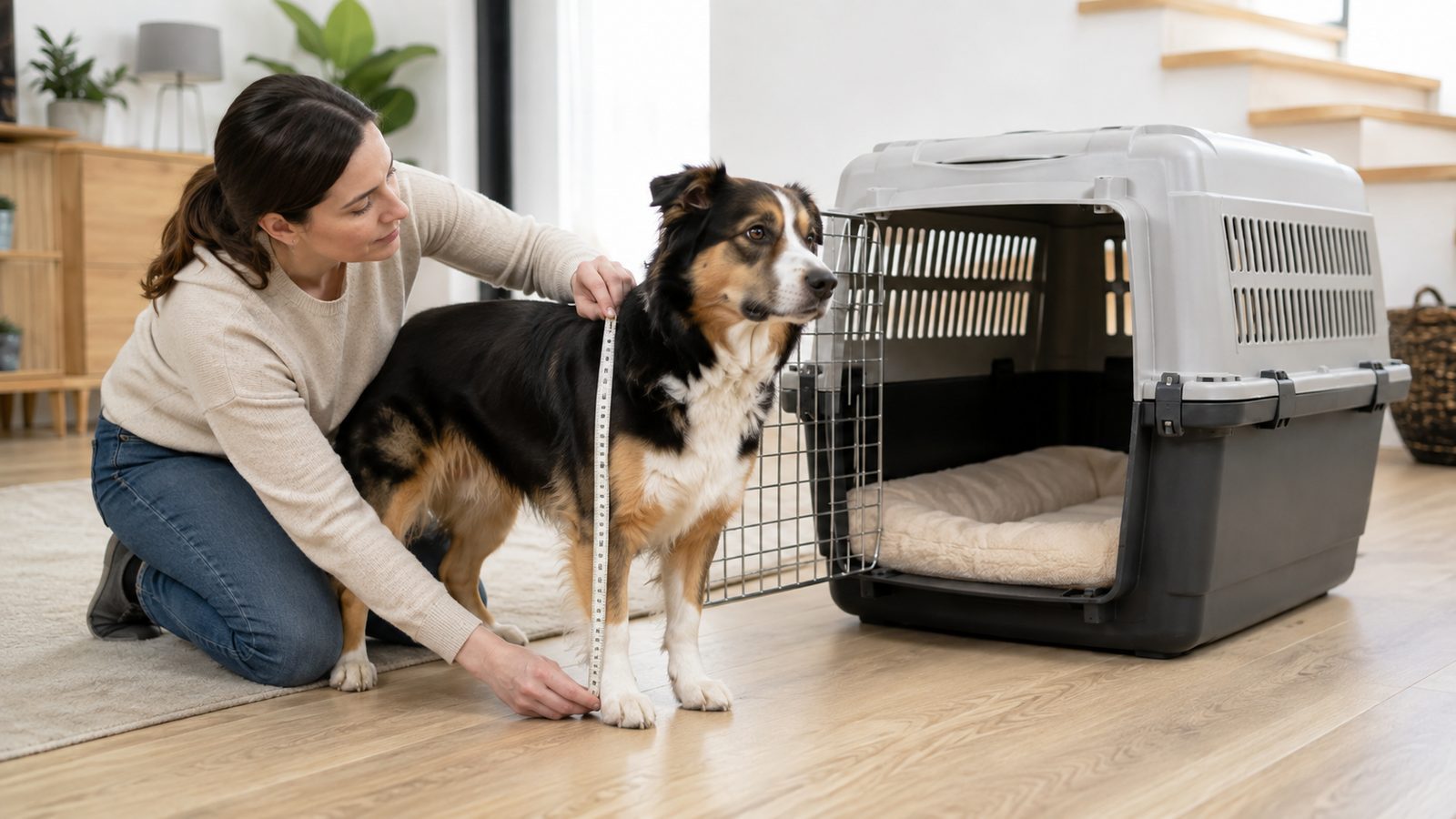 Personne mesurant la hauteur d'un chien pour choisir une cage de transport