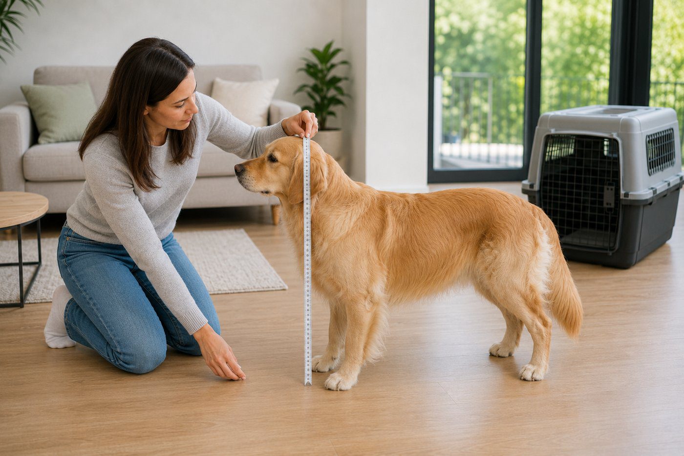 Personne mesurant la hauteur d'un chien debout depuis le sol
