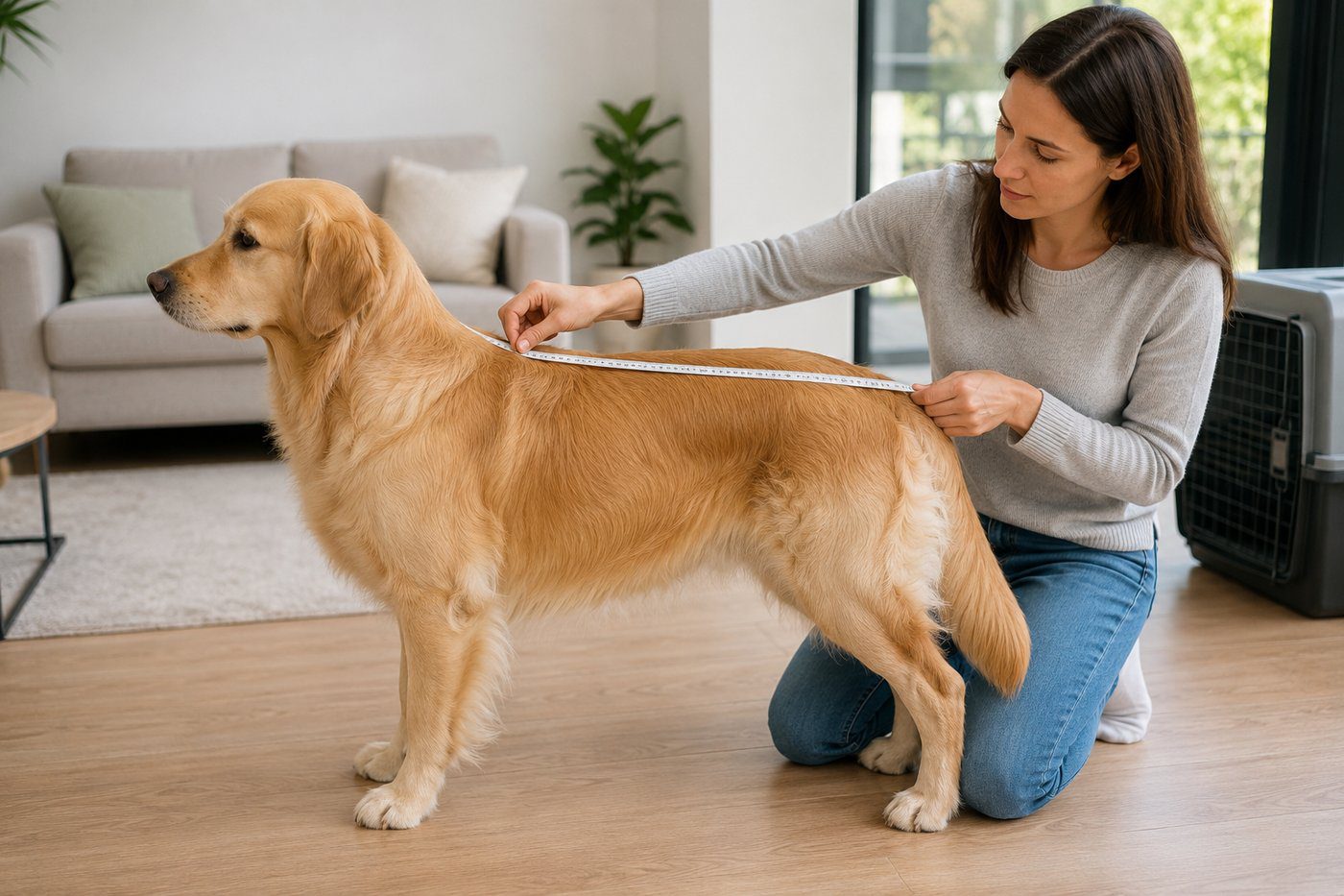 Propriétaire mesurant la longueur de son chien du museau à la base de la queue