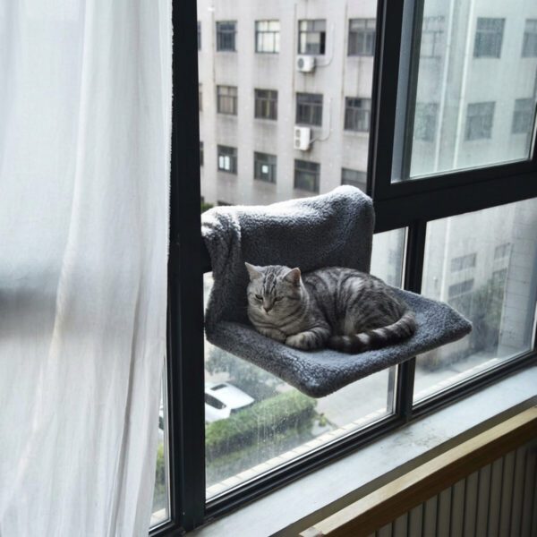Chat gris installé dans le hamac radiateur pour chat en sherpa fleece, fixé à la fenêtre