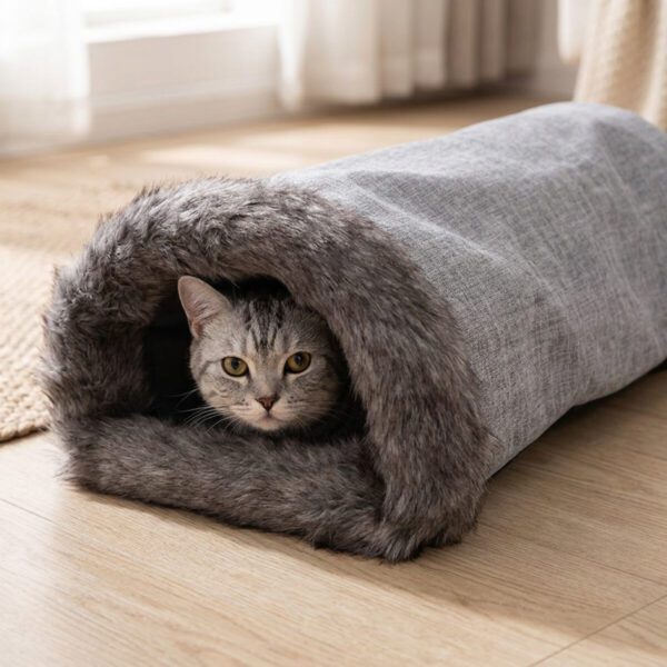 Chat gris qui regarde par l'ouverture bordée de fourrure du sac de couchage pour chat
