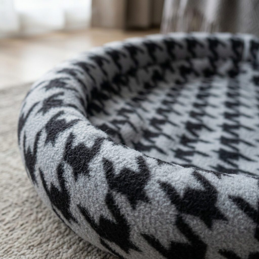 Détail du tissu polaire pied-de-poule gris et noir de la corbeille pour chat