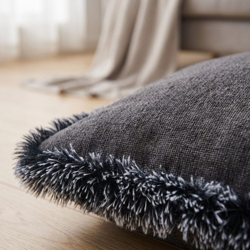 Détail du bord en peluche et du tissu du coussin carré pour chat