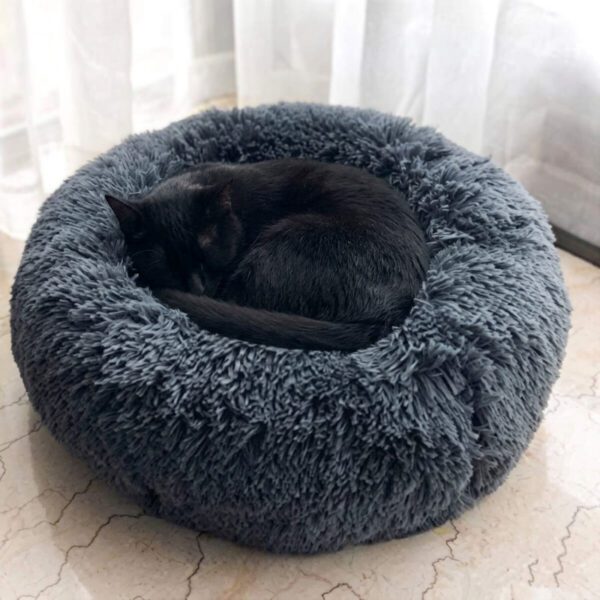 Chat noir endormi dans le lit rond donut en peluche grise