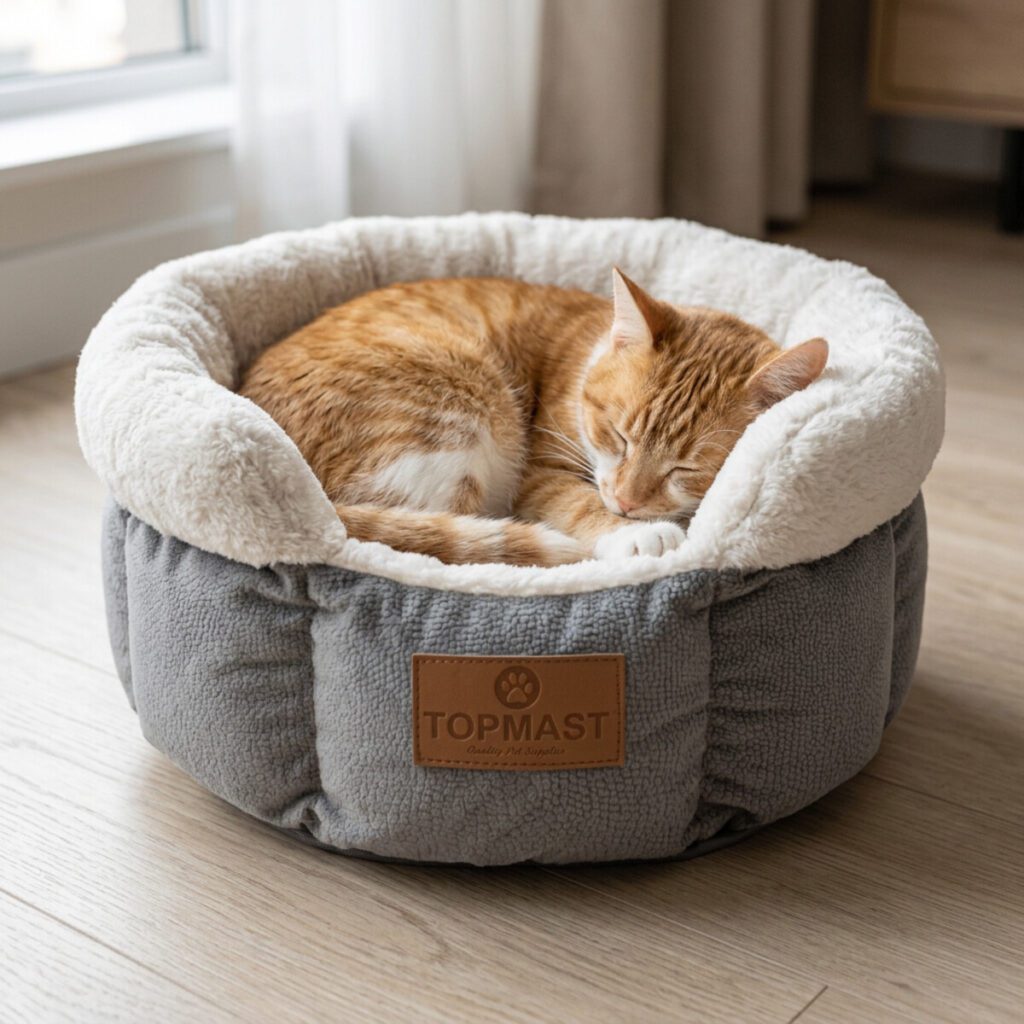 Chat roux et blanc endormi dans le panier rond gris pour chat avec bord en peluche blanche