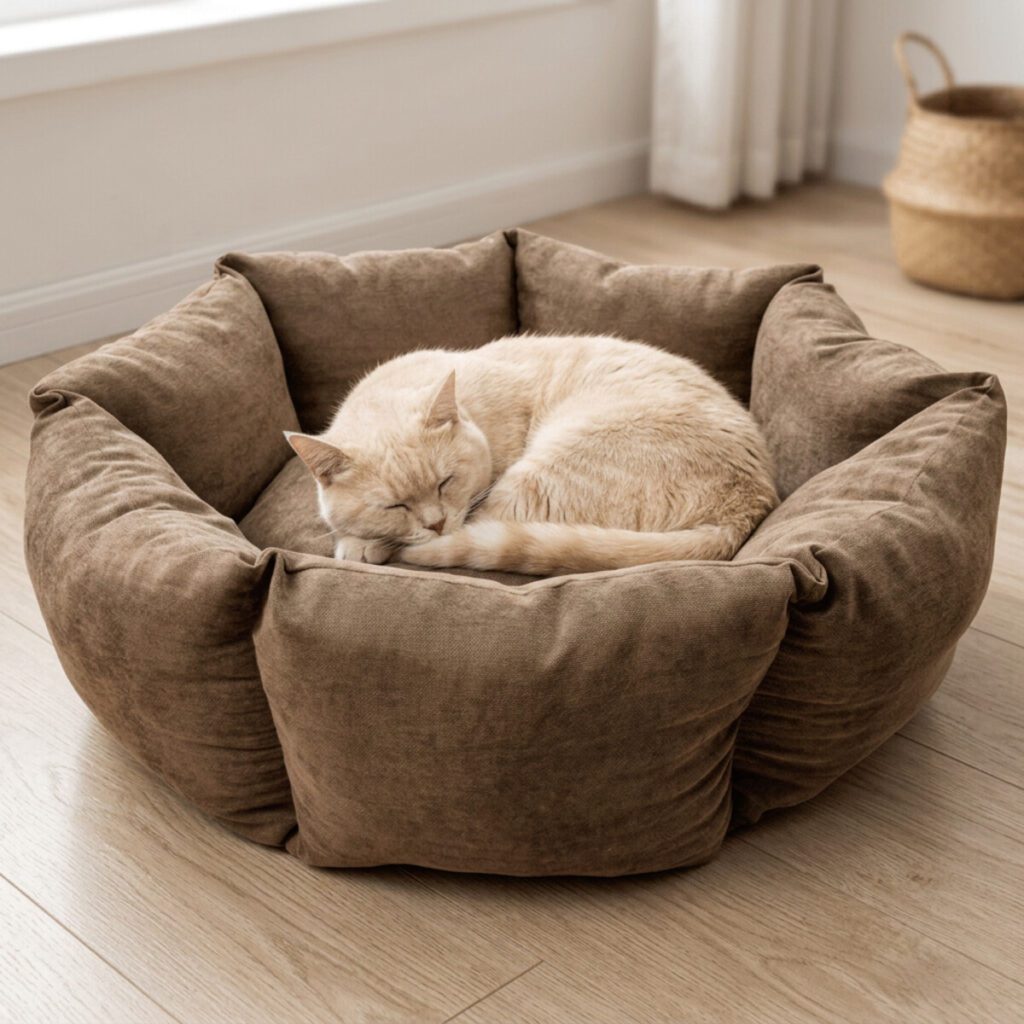Chat crème détendu dans le panier rond ComfyNest en velours marron