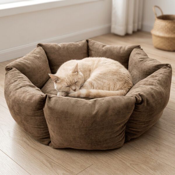 Chat crème détendu dans le panier rond ComfyNest en velours marron