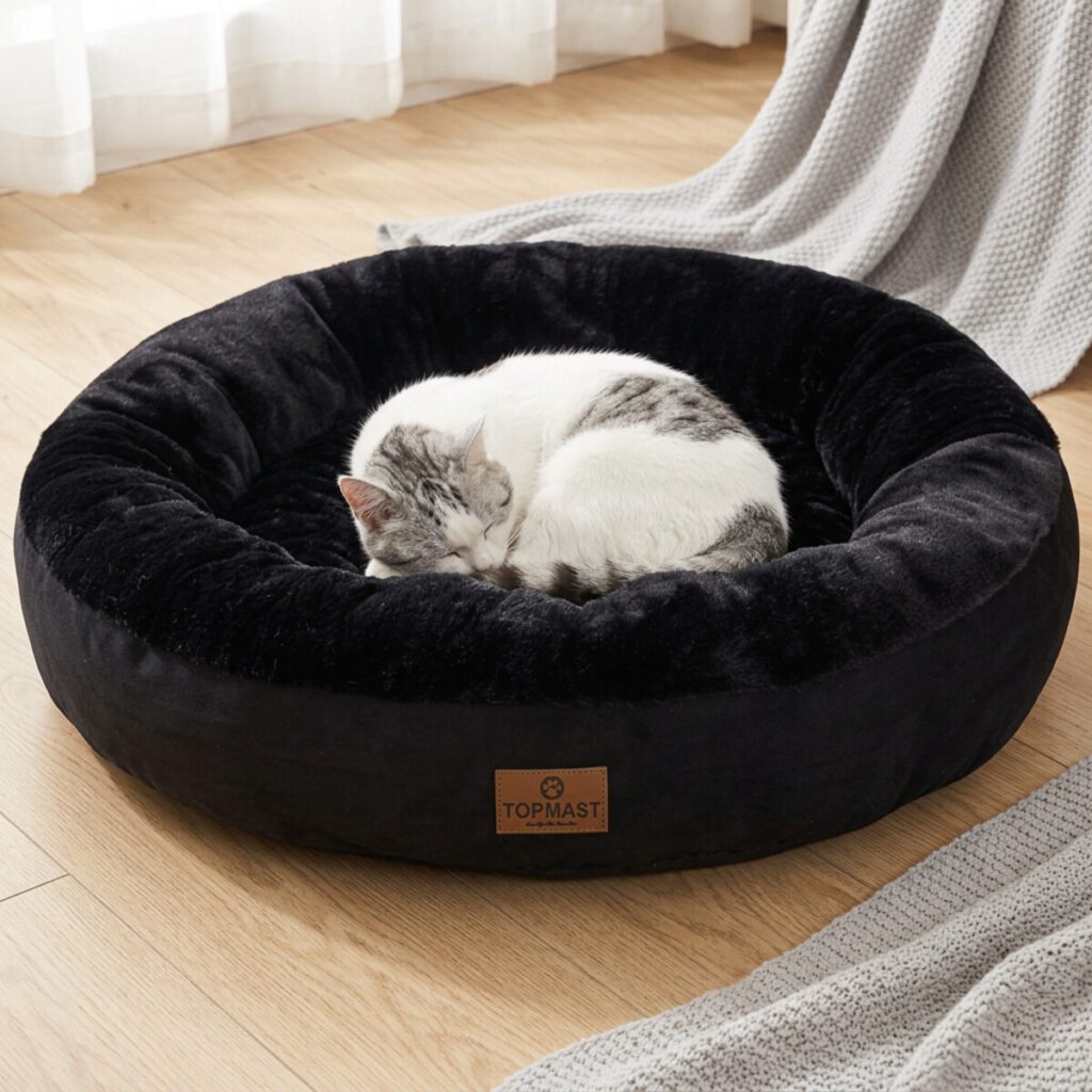Chat blanc et gris endormi dans le panier donut noir Comfort Donut supersoft