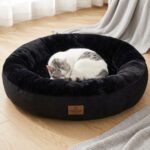 Chat blanc et gris endormi dans le panier donut noir Comfort Donut supersoft