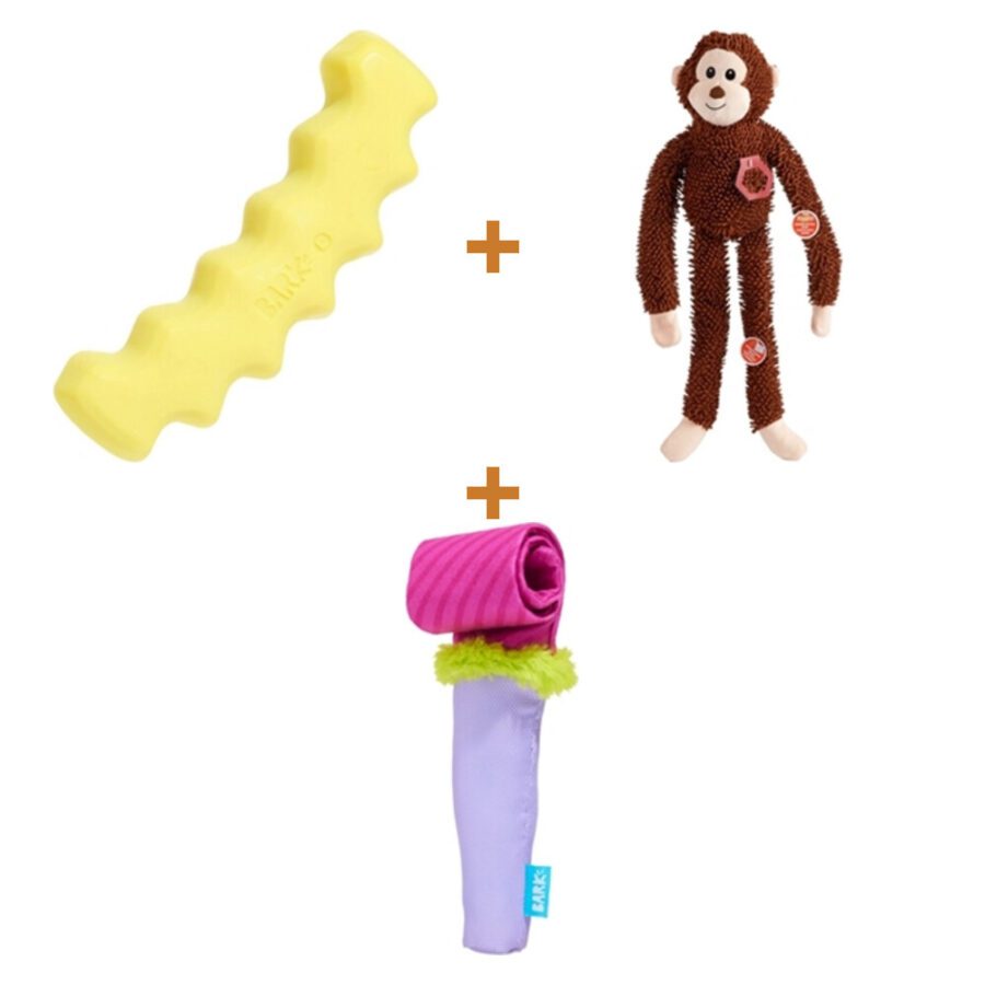 Lot : Frite Crinkle Fry BARK en nylon + Singe Fofos 56 cm + Trompette de fête BARK en peluche