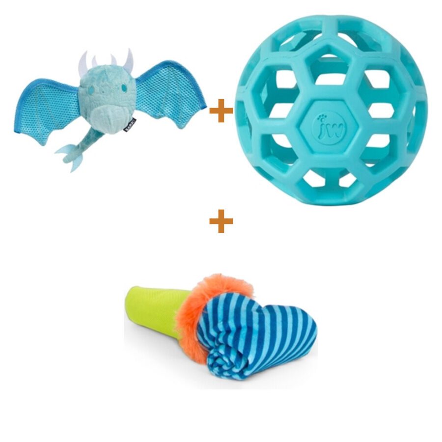 Lot : Dragon bleu BARK Brrrtha + Balle puzzle JW Hol-ee Roller bleue + Trompette de fête BARK Roll Over