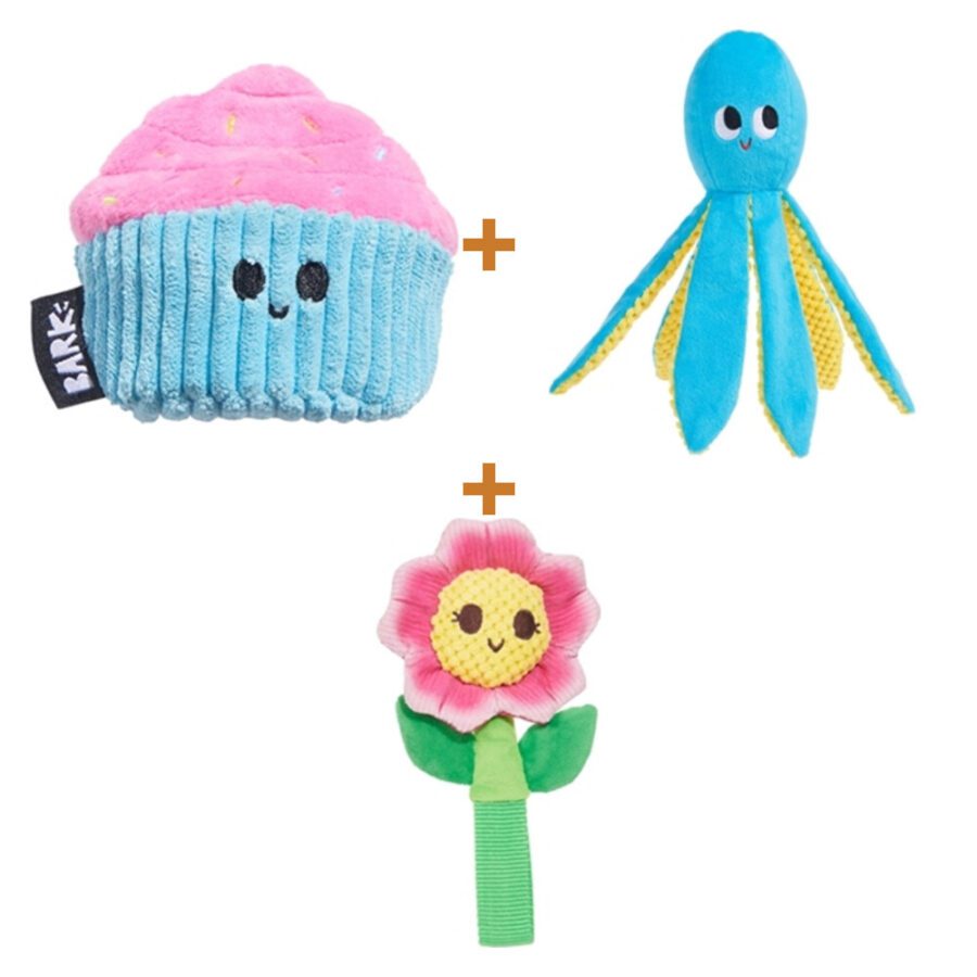Lot : Cupcake BARK Cup Kate + Pieuvre BARK Odd Otto avec balle à piquants + Fleur BARK Penny Pechewnia
