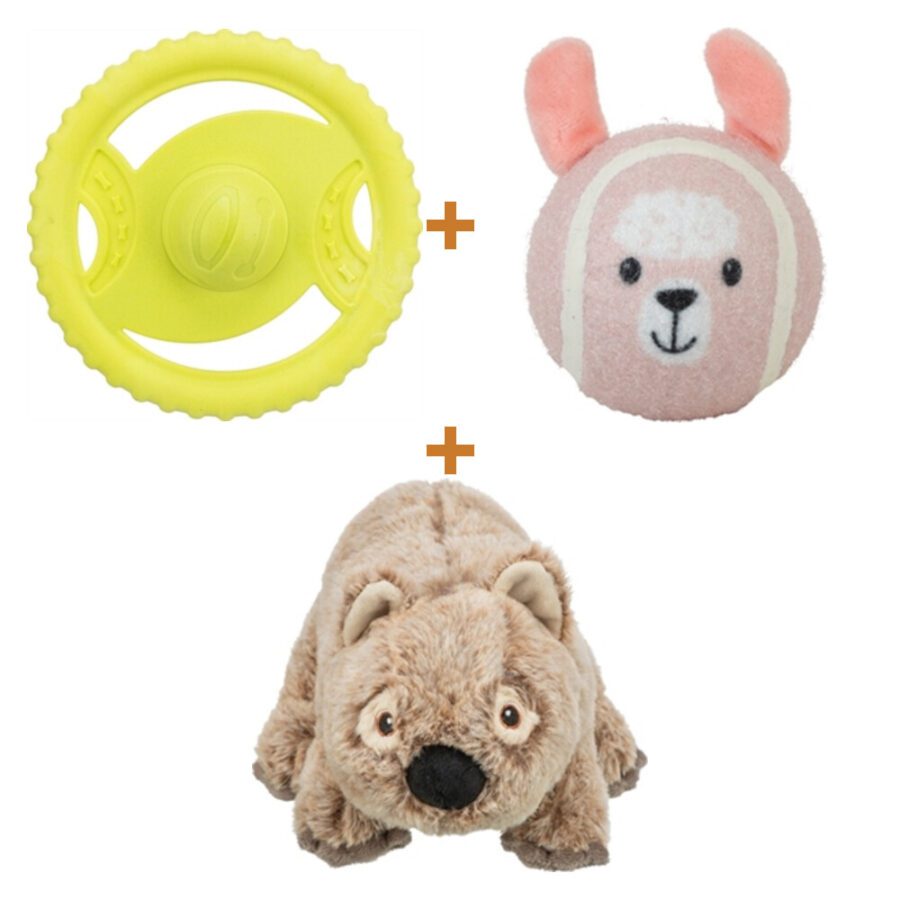Lot : Disque flottant jaune Trixie Aqua 20 cm + Balle de tennis lama Zolux L 7,5 cm + Wombat en peluche recyclée Trixie 25 cm