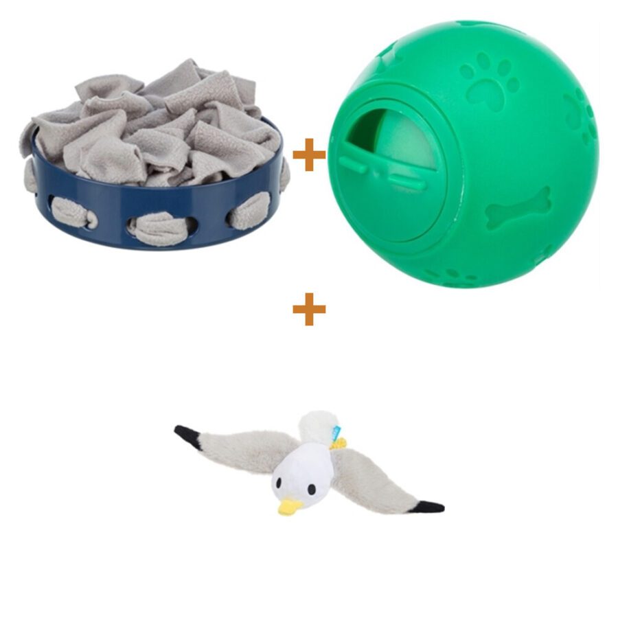 Lot : Bol d’activité Trixie Hide'n'Sniff 18 cm + Balle à snacks Trixie bleue 11 cm + Mouette BARK Sully en peluche