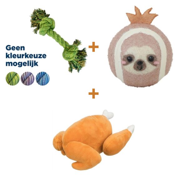 Lot : Jouet à deux noeuds Happy Pet Flossin Fun Super Size 50 cm + Balle de tennis paresseux Zolux L 7,5 cm + Peluche poulet rôti Trixie 26 cm Lot : Jouet à deux noeuds Happy Pet Flossin Fun Super Size 50 cm + Balle de tennis paresseux Zolux L 7,5 cm + Peluche poulet rôti Trixie 26 cm