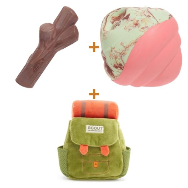 Lot : Bâton en nylon BARK Fall Fetch Stick Tak Super Chewer 25 x 25 x 5 cm + Balle glace BARK Boop Scoop Ball Birthday 8 x 7 x 8 cm + Sac à dos peluche BARK Rowdy Ruckus Hide & See