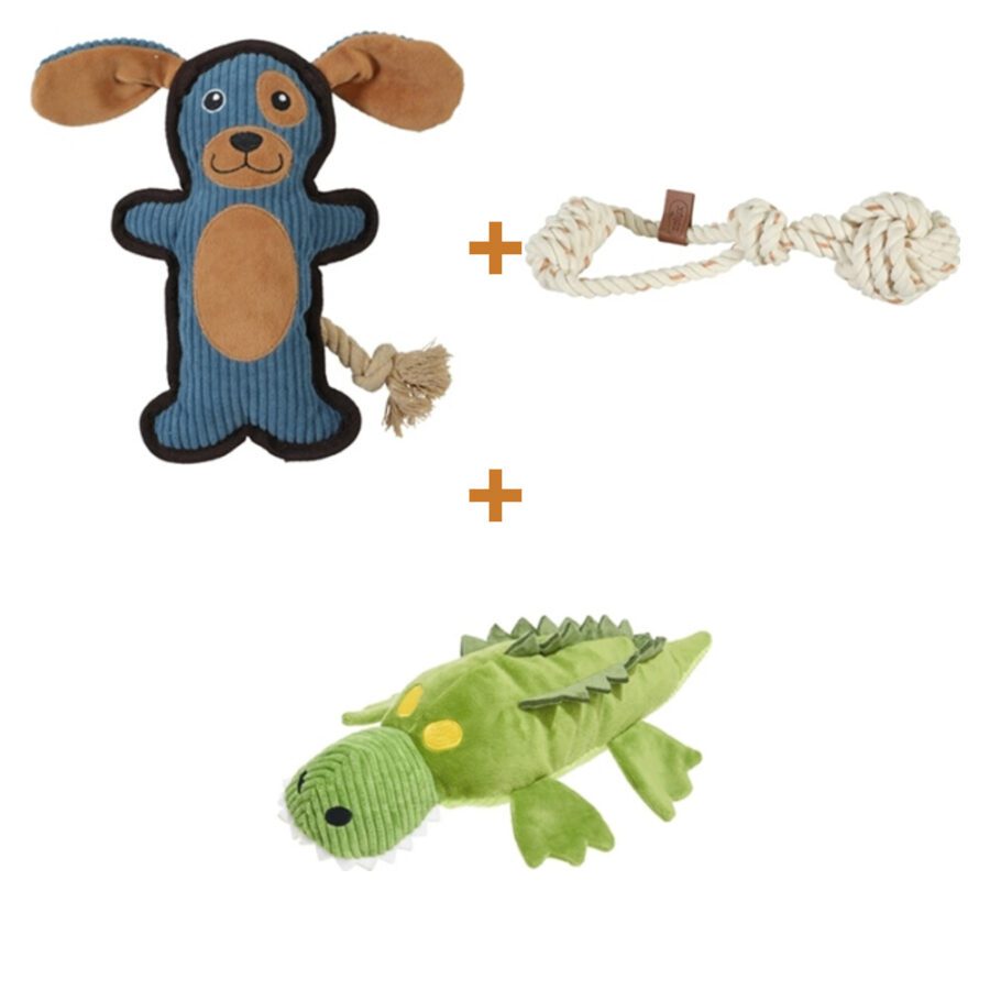 Lot : Peluche Buddy Zolux bleue 20 x 5 x 23 cm + Corde avec balle Zolux Leather Touch 28,5 x 10 x 7 cm + Crocodile peluche BARK Karri vert 32 x 15 x 6 cm