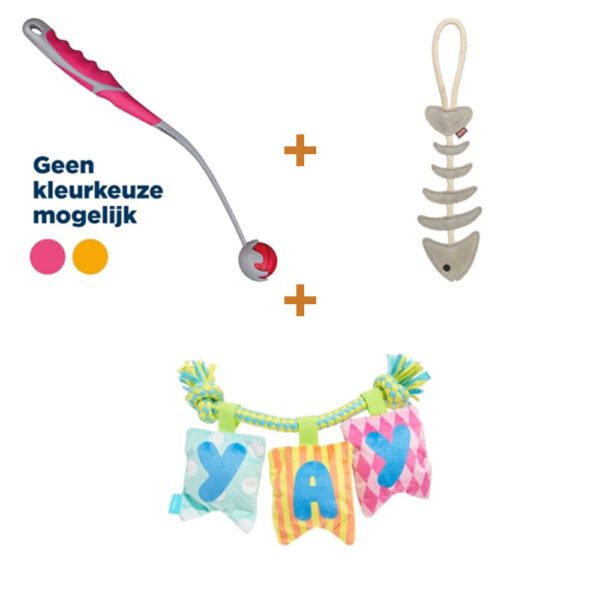 Lot : Lanceur de balle Trixie Dog Activity Small 40 cm + Arête de poisson en cuir avec corde Trixie 43 cm + Guirlande peluche BARK Happy Yay Banner Birthday 36 x 25 x 6 cm