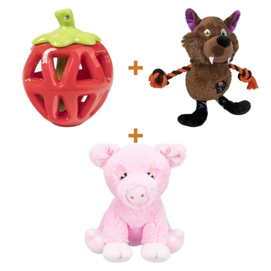 Lot : Distributeur de friandises fraise Fofos Fruity-Bites 11 x 9 x 7 cm + Loup-garou avec corde Croci Fright 30 cm + Cochon Edison en peluche recyclée Trixie Be Eco rose 24 cm