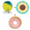 Lot : Treat Tumble Nina Ottosson bleu S 10,5 cm + Frisbee en tissu BARK Sunflower Flinger tournesol 37 x 28 cm + Peluche donut FuzzYard Giant 22 cm