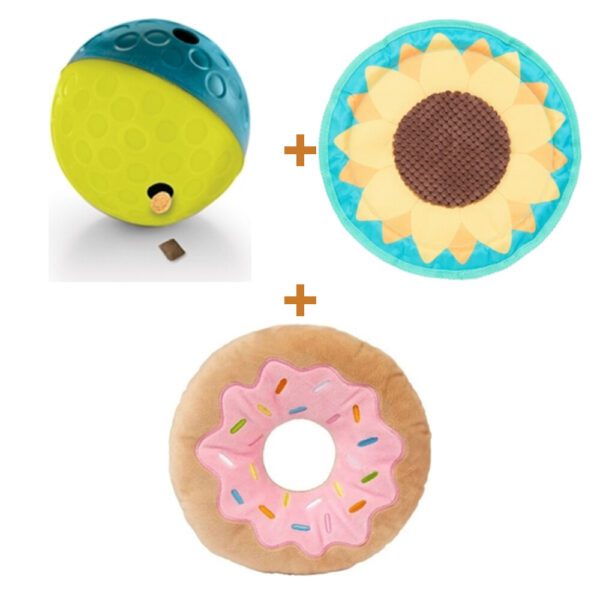 Lot : Treat Tumble Nina Ottosson bleu S 10,5 cm + Frisbee en tissu BARK Sunflower Flinger tournesol 37 x 28 cm + Peluche donut FuzzYard Giant 22 cm Lot : Treat Tumble Nina Ottosson bleu S 10,5 cm + Frisbee en tissu BARK Sunflower Flinger tournesol 37 x 28 cm + Peluche donut FuzzYard Giant 22 cm