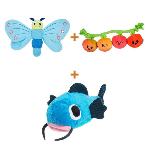 Lot : Papillon Fofos Jumbo bleu + Tomates sur corde Bark Hairloom + Poisson-chat Bark Claude à cachette